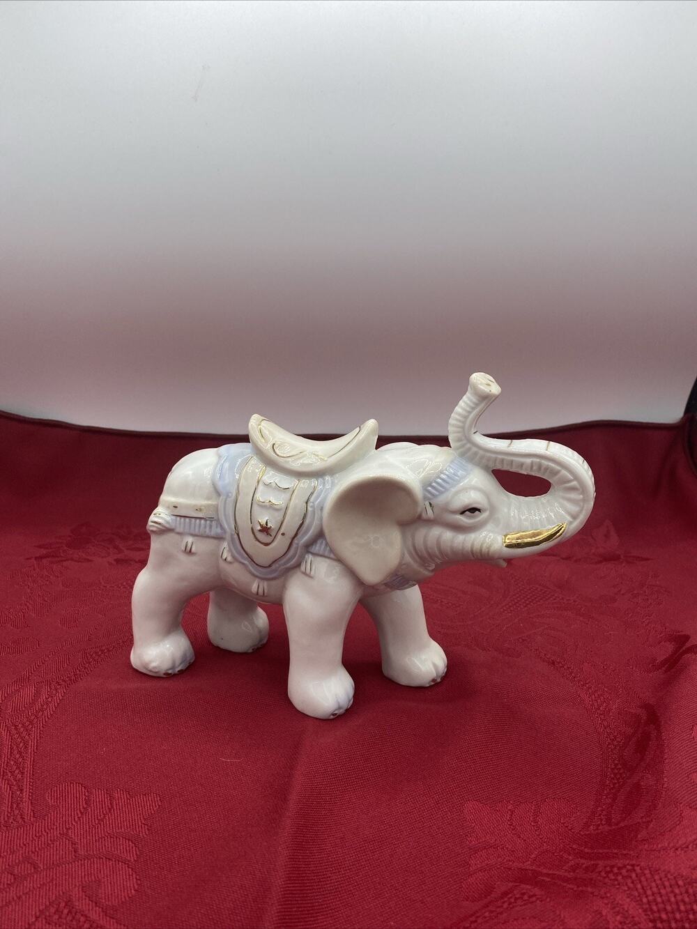Vintage Elephant Figurine Ceramic Glazed Blue/Gold/White Trunk Up - 6”Tall